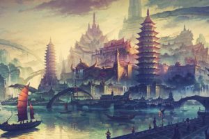 China, Fantasy art, Traditional art, Ship, Asian architecture