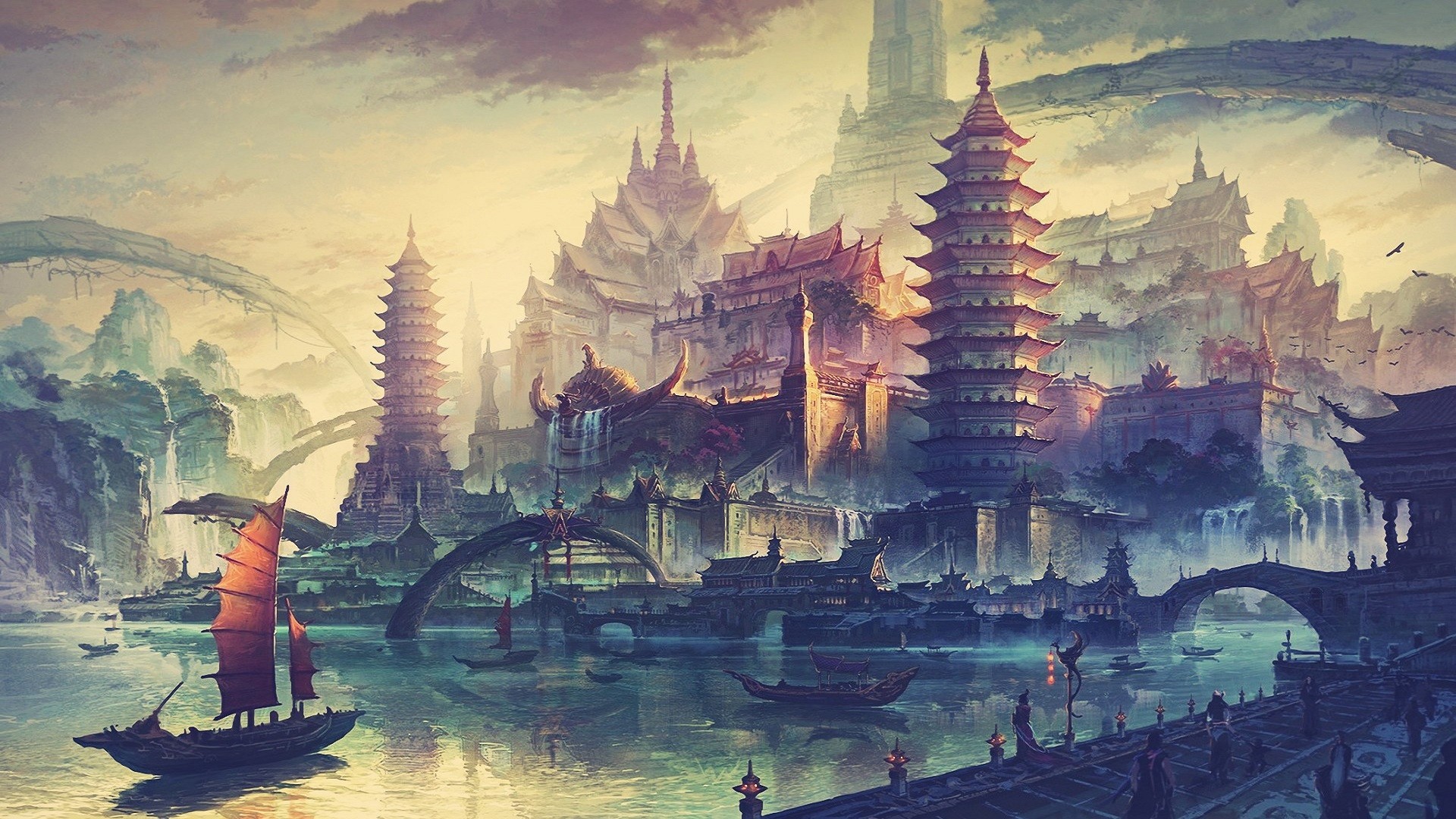 China, Fantasy art, Traditional art, Ship, Asian architecture Wallpaper