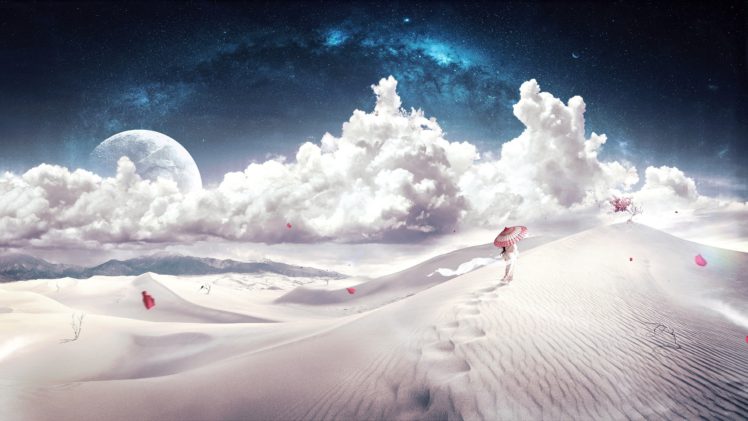 artwork, Science fiction, Sky, Fantasy art, Desert, Japanese umbrella HD Wallpaper Desktop Background