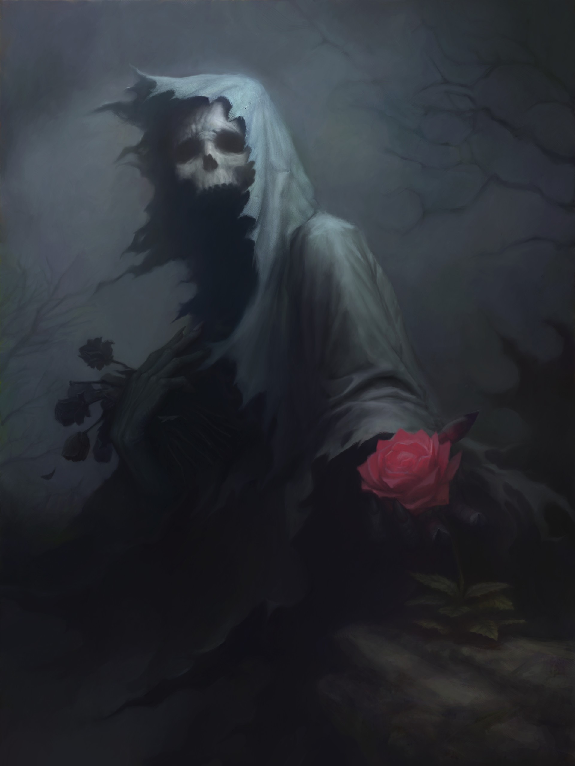 drawing, Death, Fantasy art, Rose, Skull, Dark Wallpapers HD / Desktop