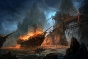 fantasy art, Ship, Boat, Battle