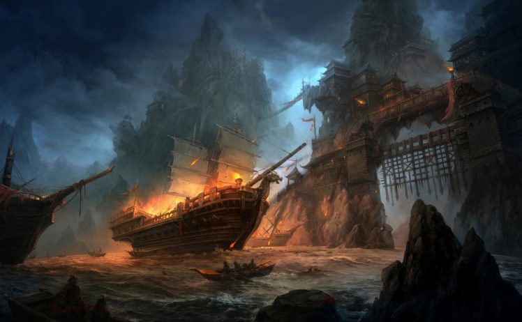 fantasy art, Ship, Boat, Battle HD Wallpaper Desktop Background