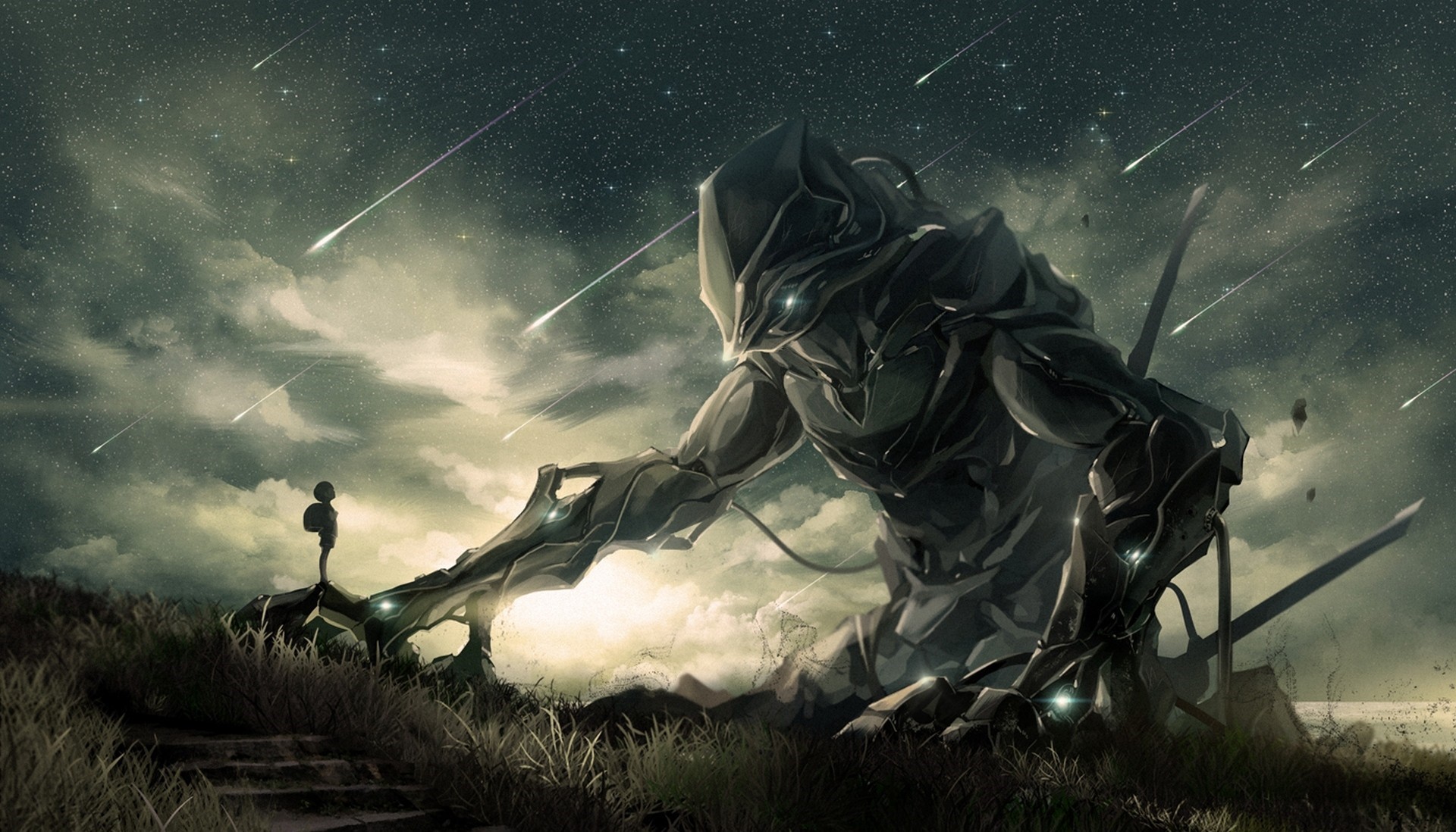 artwork, Fantasy art, Stars, Grass, Stairs, Mech Wallpaper