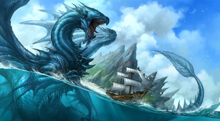dragon, Ship, Fantasy art, Artwork, Split view HD Wallpaper Desktop Background