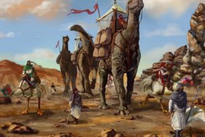 painting, Desert, Dinosaurs, Sand, Fantasy art
