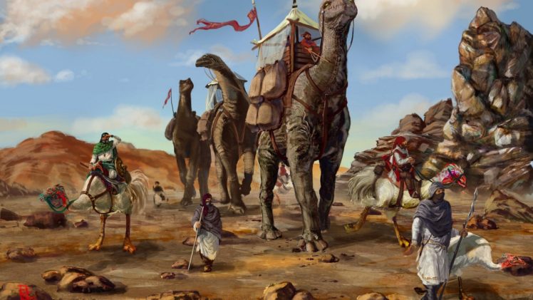 painting, Desert, Dinosaurs, Sand, Fantasy art HD Wallpaper Desktop Background