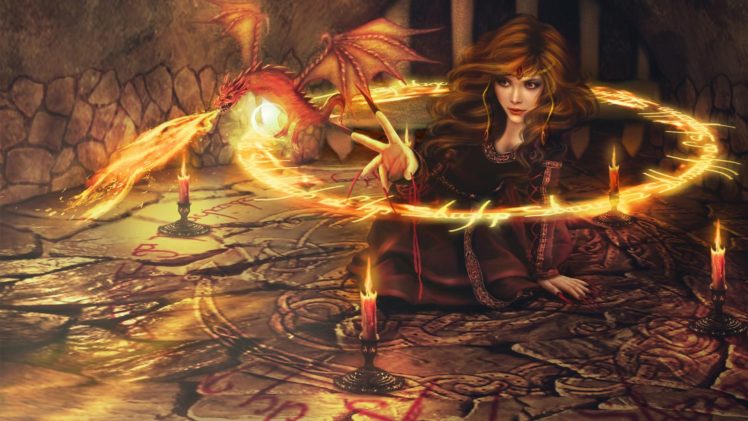 women, Sorceress, Witch, Digital art, Fantasy art, Dragon, Fire, Magic, Candles, Circle HD Wallpaper Desktop Background