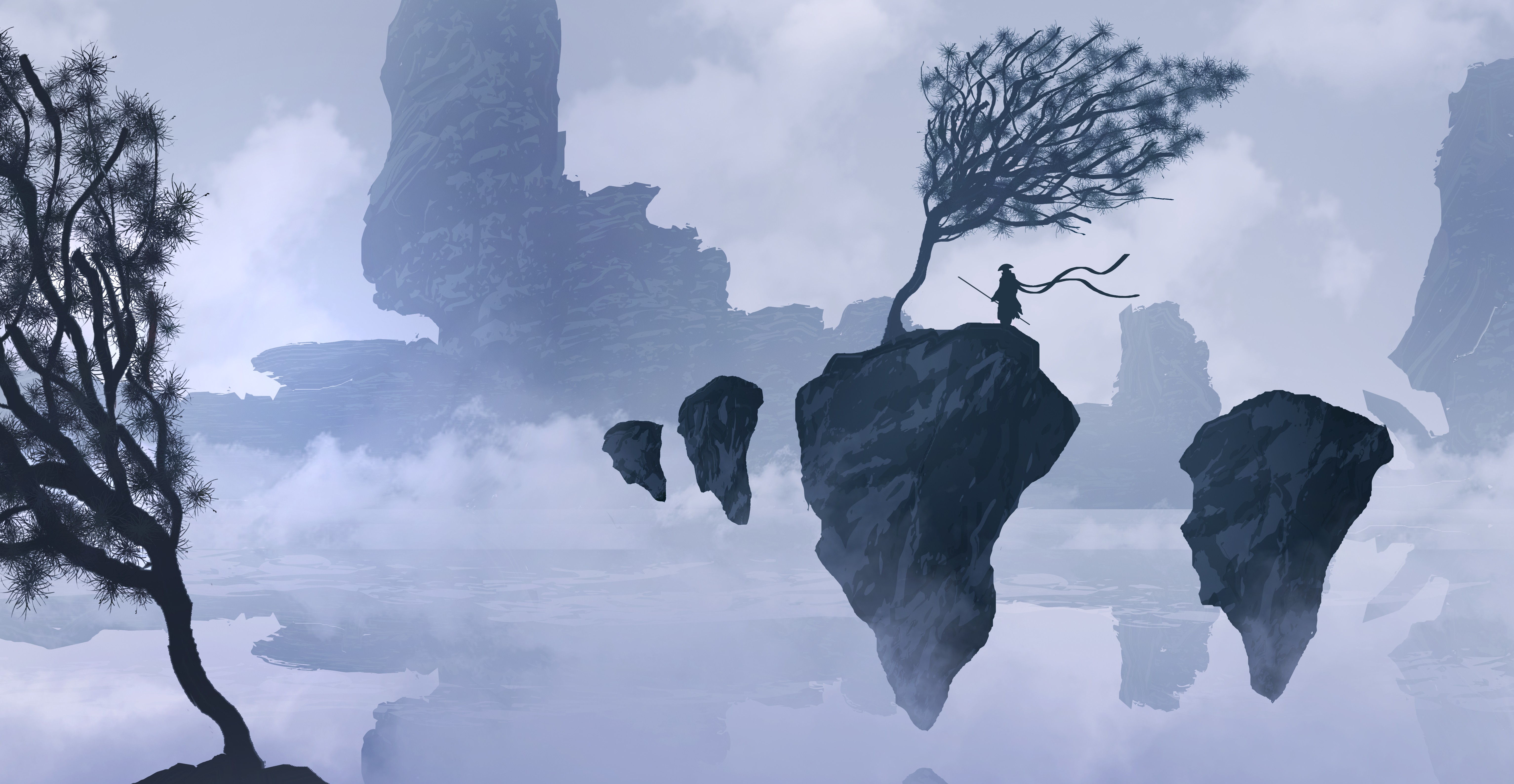 fantasy art, Mountains, Mist, Samurai, Floating, Rock, Silhouette Wallpaper