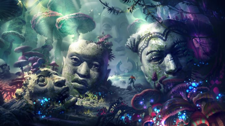 head, Warrior, Statue, Sculpture, Artwork, Mushroom, Psychedelic, Sun rays, Fantasy art HD Wallpaper Desktop Background
