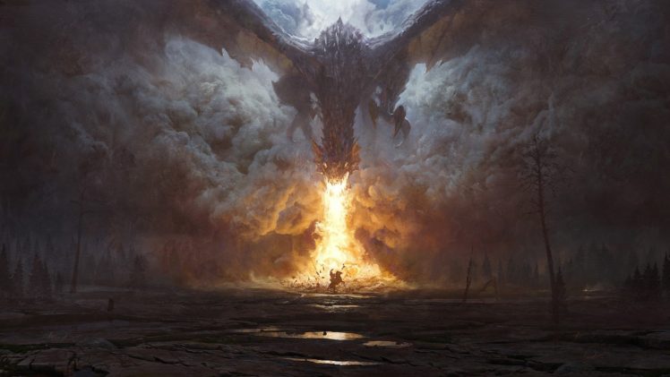 knight, Dragon, Fire, Smoke, Trees, Water, Horse HD Wallpaper Desktop Background