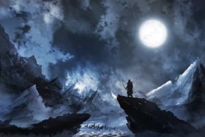 hunter, Fantasy art, Night, Moon, Snow