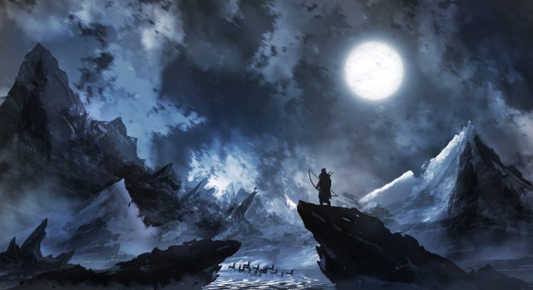 hunter, Fantasy art, Night, Moon, Snow HD Wallpaper Desktop Background