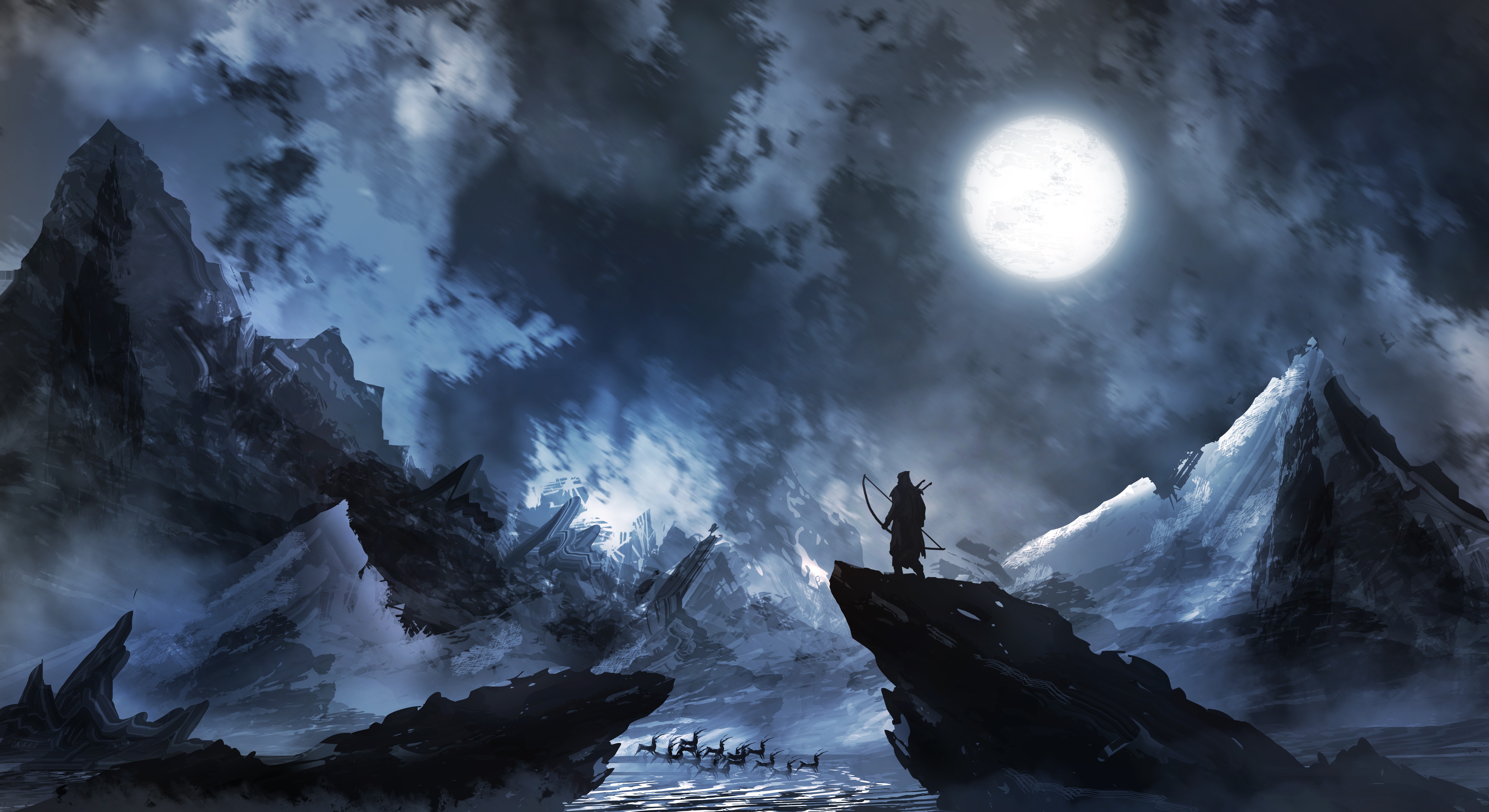 hunter, Fantasy art, Night, Moon, Snow Wallpaper