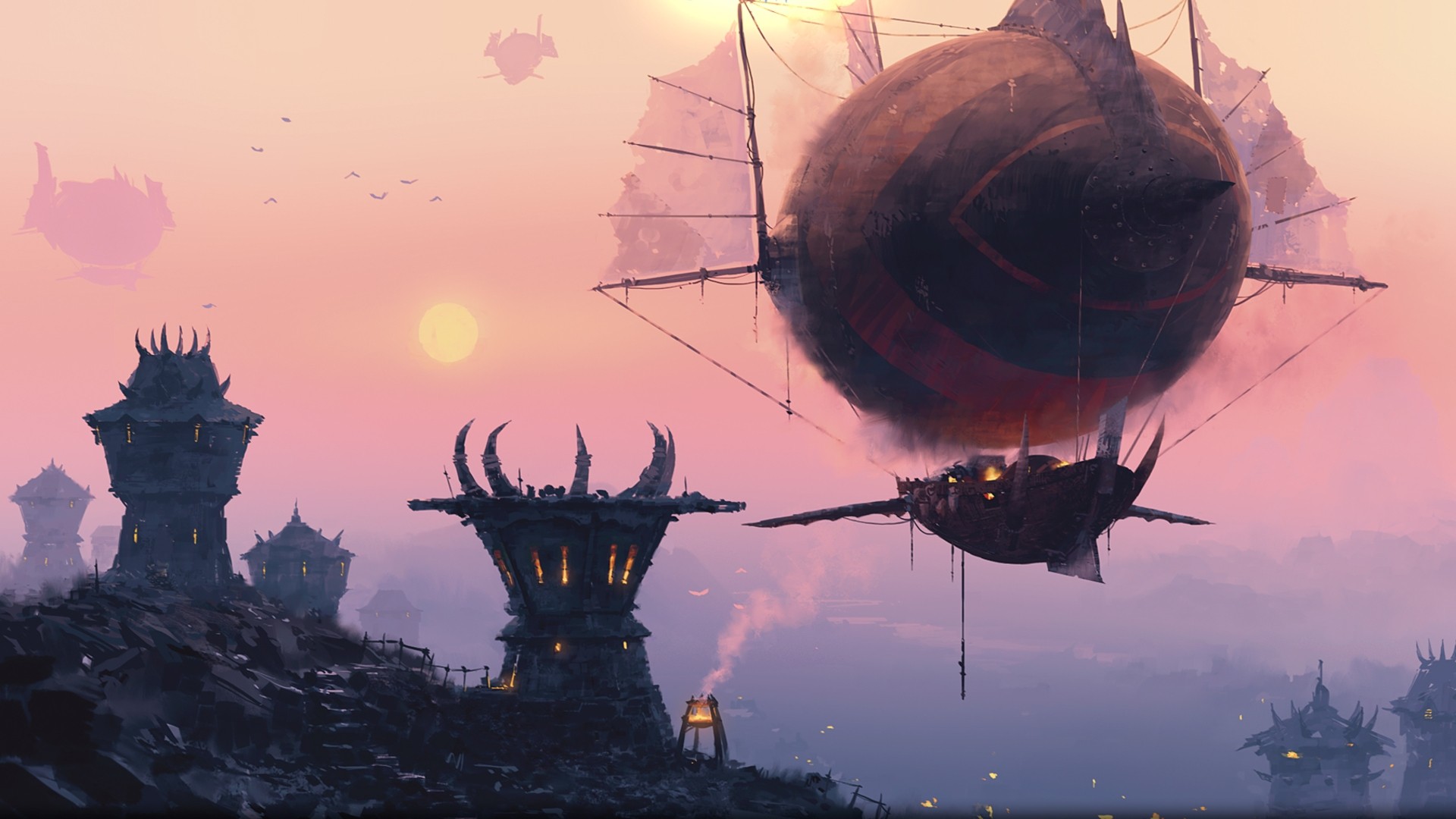 horde, World of Warcraft, Airships, Sunrise, Fantasy art Wallpaper