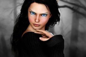 women, Blue eyes, Face, Long hair, Elves, Digital art, Fantasy art, Sweater, Black hair, Branch