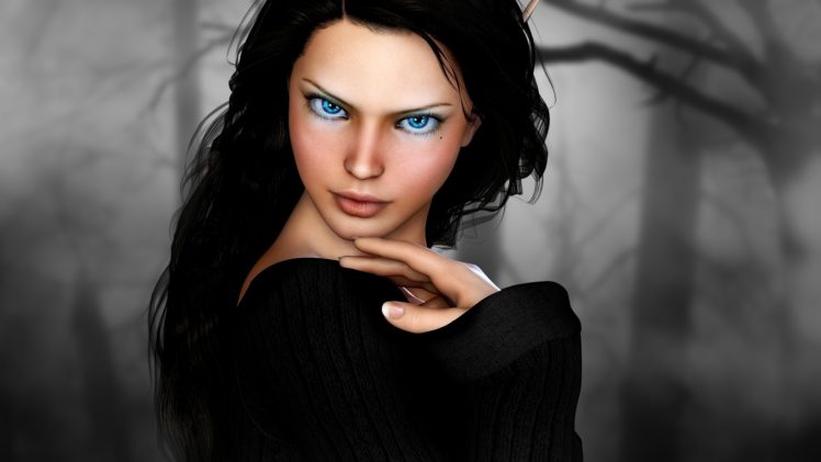 women, Blue eyes, Face, Long hair, Elves, Digital art, Fantasy art, Sweater, Black hair, Branch HD Wallpaper Desktop Background