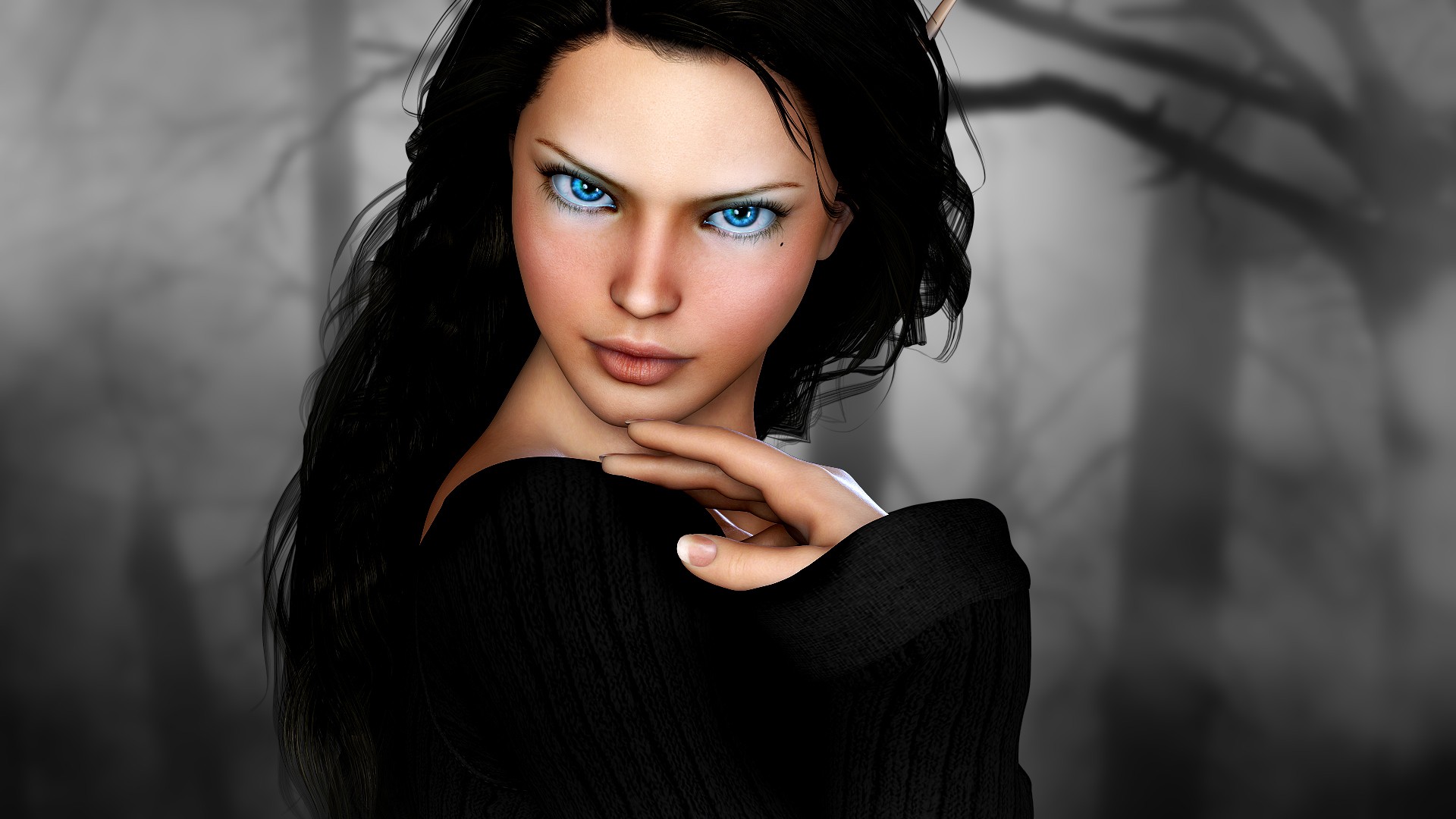 women, Blue eyes, Face, Long hair, Elves, Digital art, Fantasy art, Sweater, Black hair, Branch Wallpaper
