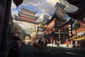 people, Chinese style, Fantasy art, Asian architecture, Town, Horse, Digital art, Artwork