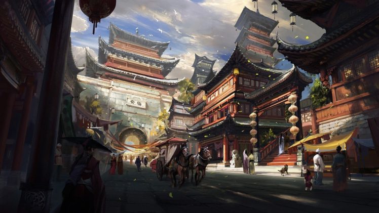 people, Chinese style, Fantasy art, Asian architecture, Town, Horse, Digital art, Artwork HD Wallpaper Desktop Background