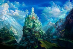 digital art, Fantasy art, Castle, Clouds, Mountains, Hills, Tower, Dome, Rock, Artwork