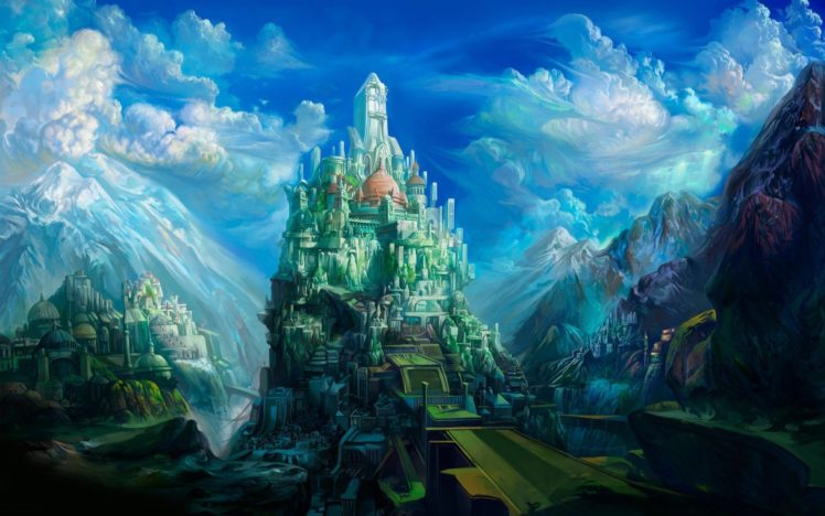 digital art, Fantasy art, Castle, Clouds, Mountains, Hills, Tower, Dome, Rock, Artwork HD Wallpaper Desktop Background