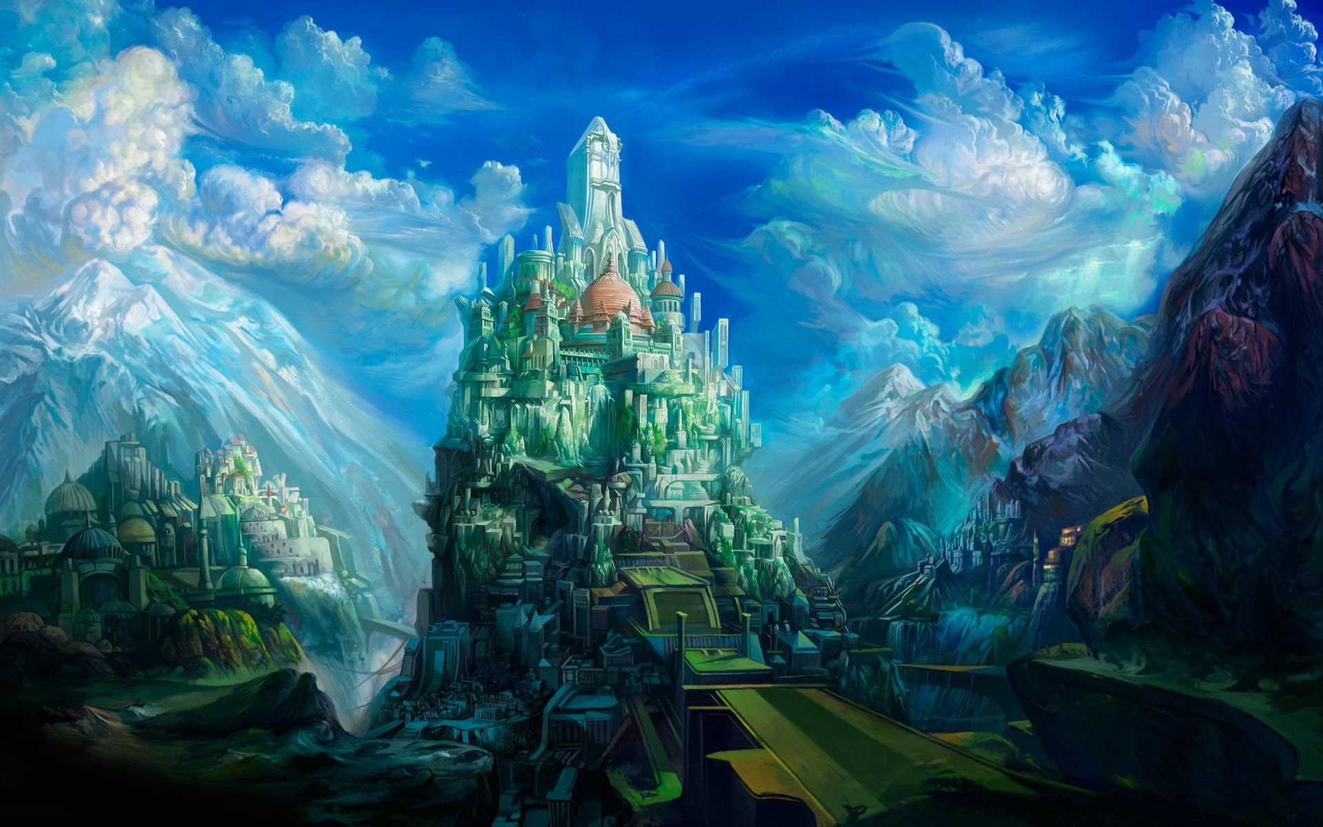 digital art, Fantasy art, Castle, Clouds, Mountains, Hills, Tower, Dome, Rock, Artwork Wallpaper