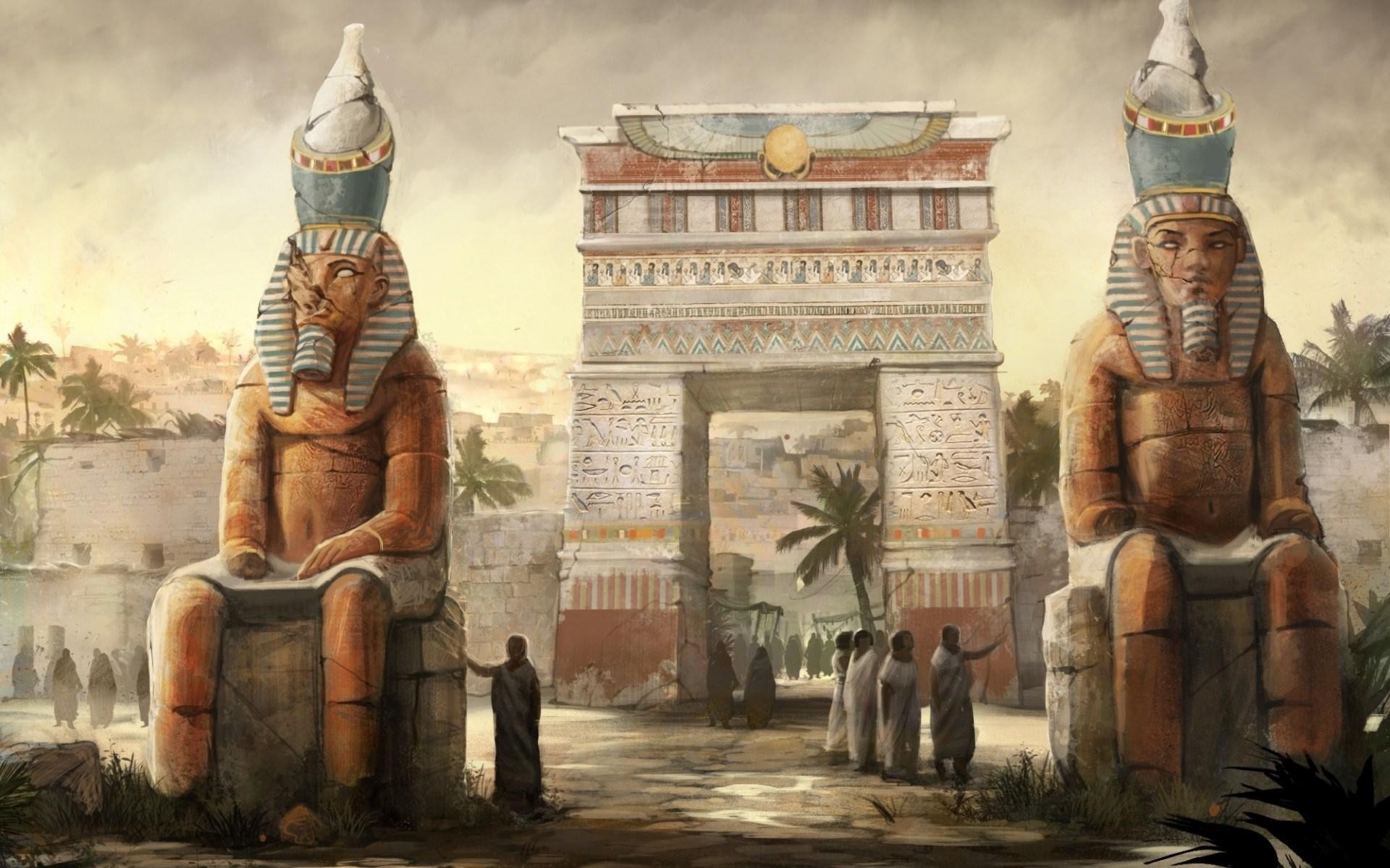 people, Digital art, Fantasy art, Egyptian, Gods, Statue, Town, Hieroglyphics, Palm trees, Artwork, Stone house Wallpaper