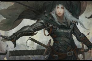 white hair, Fantasy art, Sword, Cloaks