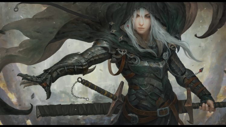 white hair, Fantasy art, Sword, Cloaks HD Wallpaper Desktop Background