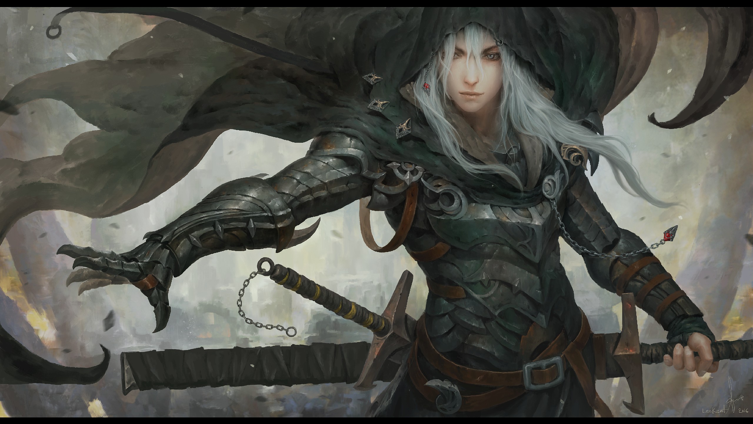 white hair, Fantasy art, Sword, Cloaks Wallpaper