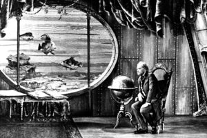 Jules Verne, Old people, Fantasy art, The Fabulous World of Jules Verne, Movies, Monochrome, Vintage, Czech, Submarine, Interior, Underwater, Metal, Window, Fish, Globes, Curtain, Books, Screen shot