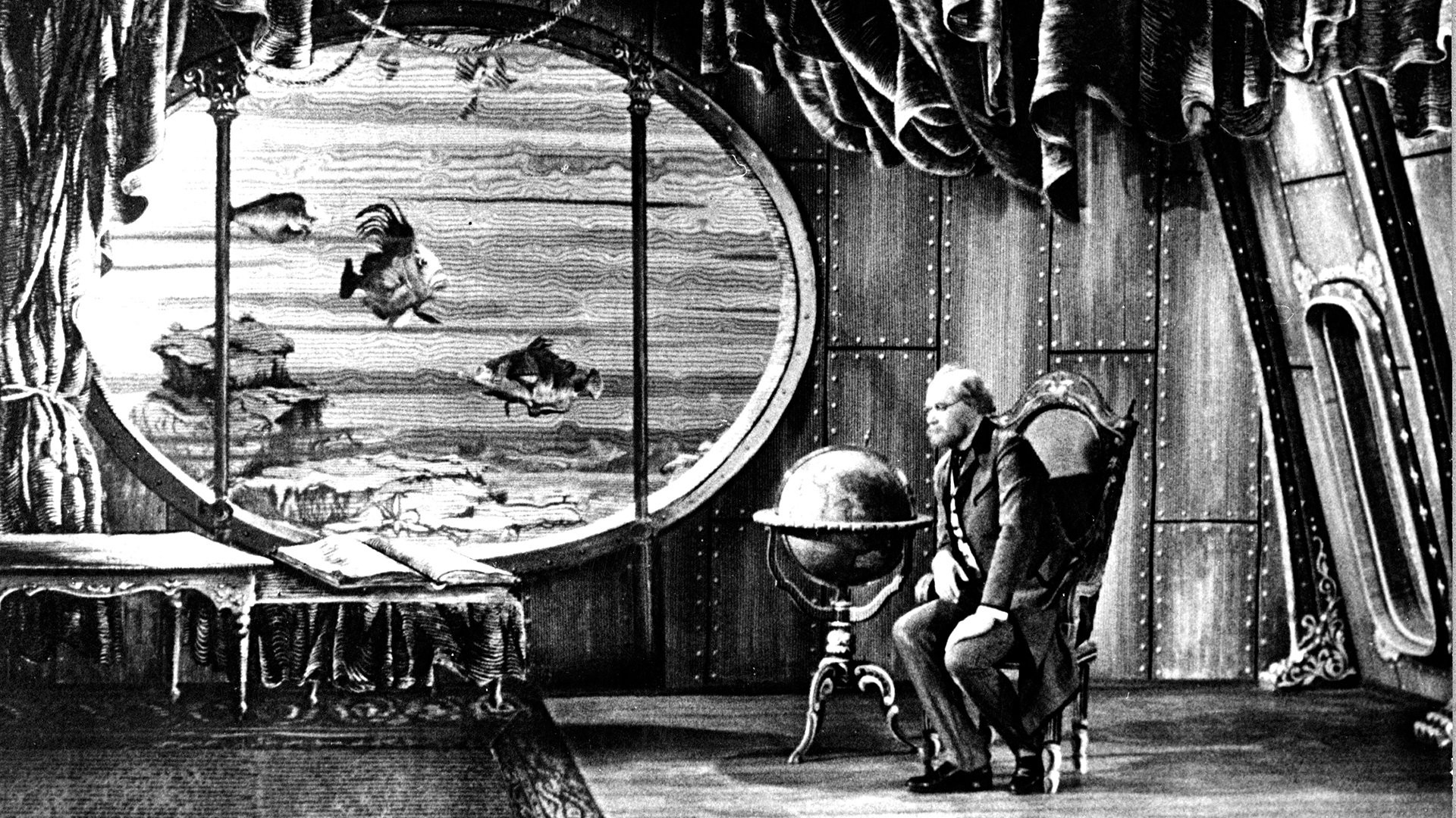 Jules Verne, Old people, Fantasy art, The Fabulous World of Jules Verne, Movies, Monochrome, Vintage, Czech, Submarine, Interior, Underwater, Metal, Window, Fish, Globes, Curtain, Books, Screen shot Wallpaper