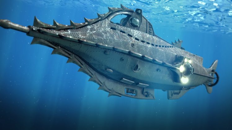 Jules Verne, Digital art, Fantasy art, Underwater, Submarine, Sea, Sun rays, Blue, 20000 Leagues Under the Sea HD Wallpaper Desktop Background