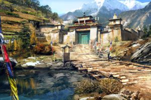 digital art, Fantasy art, Far Cry 4, Video games, Himalayas, Mountains, Monastery, Water, Lake, Flag, Nature, Wood, Trees, Forest, Snowy peak