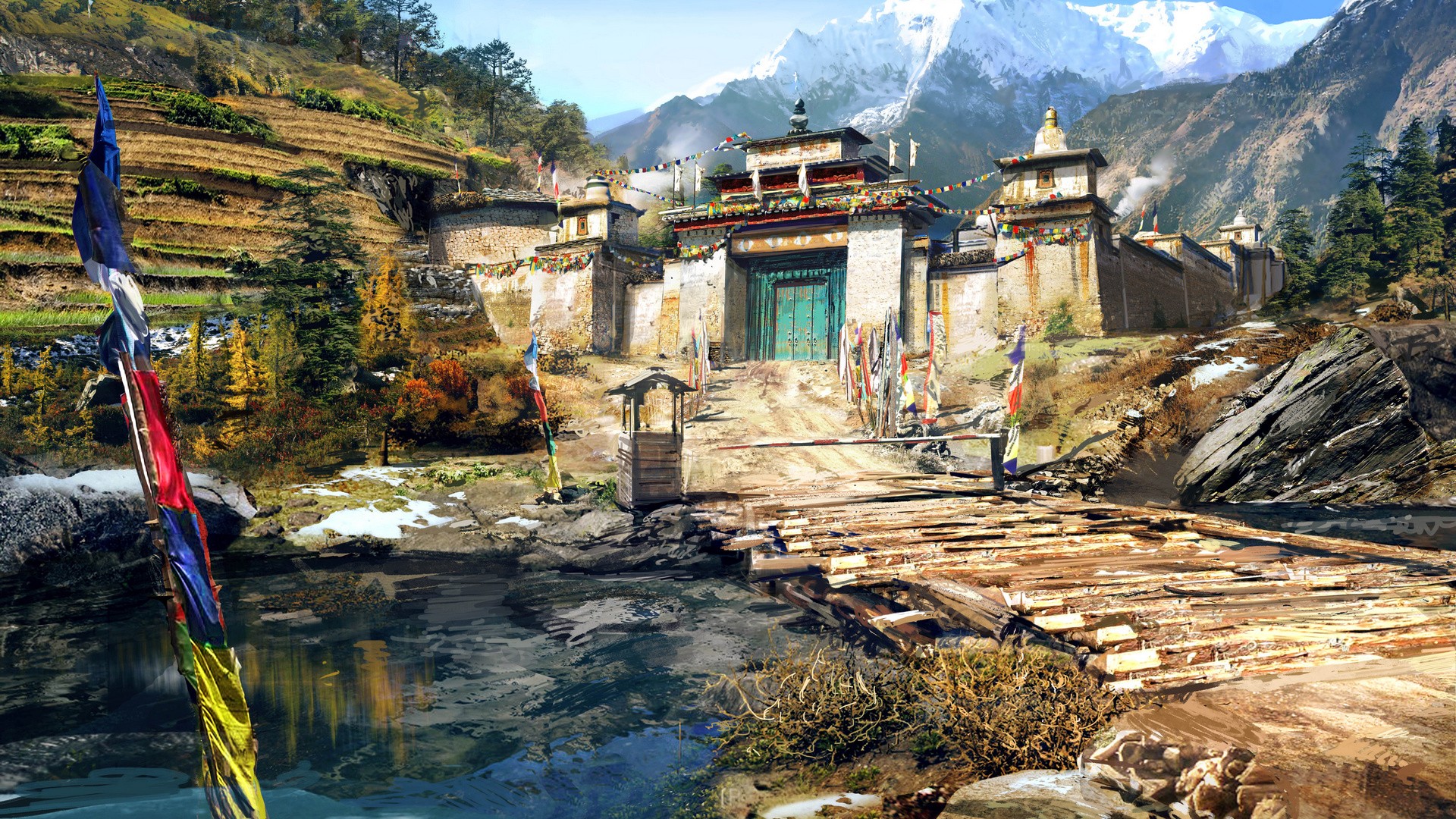 digital art, Fantasy art, Far Cry 4, Video games, Himalayas, Mountains, Monastery, Water, Lake, Flag, Nature, Wood, Trees, Forest, Snowy peak Wallpaper