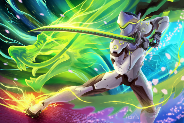 Overwatch, Genji (Overwatch), Sword, Colorful, Dragon HD Wallpaper Desktop Background