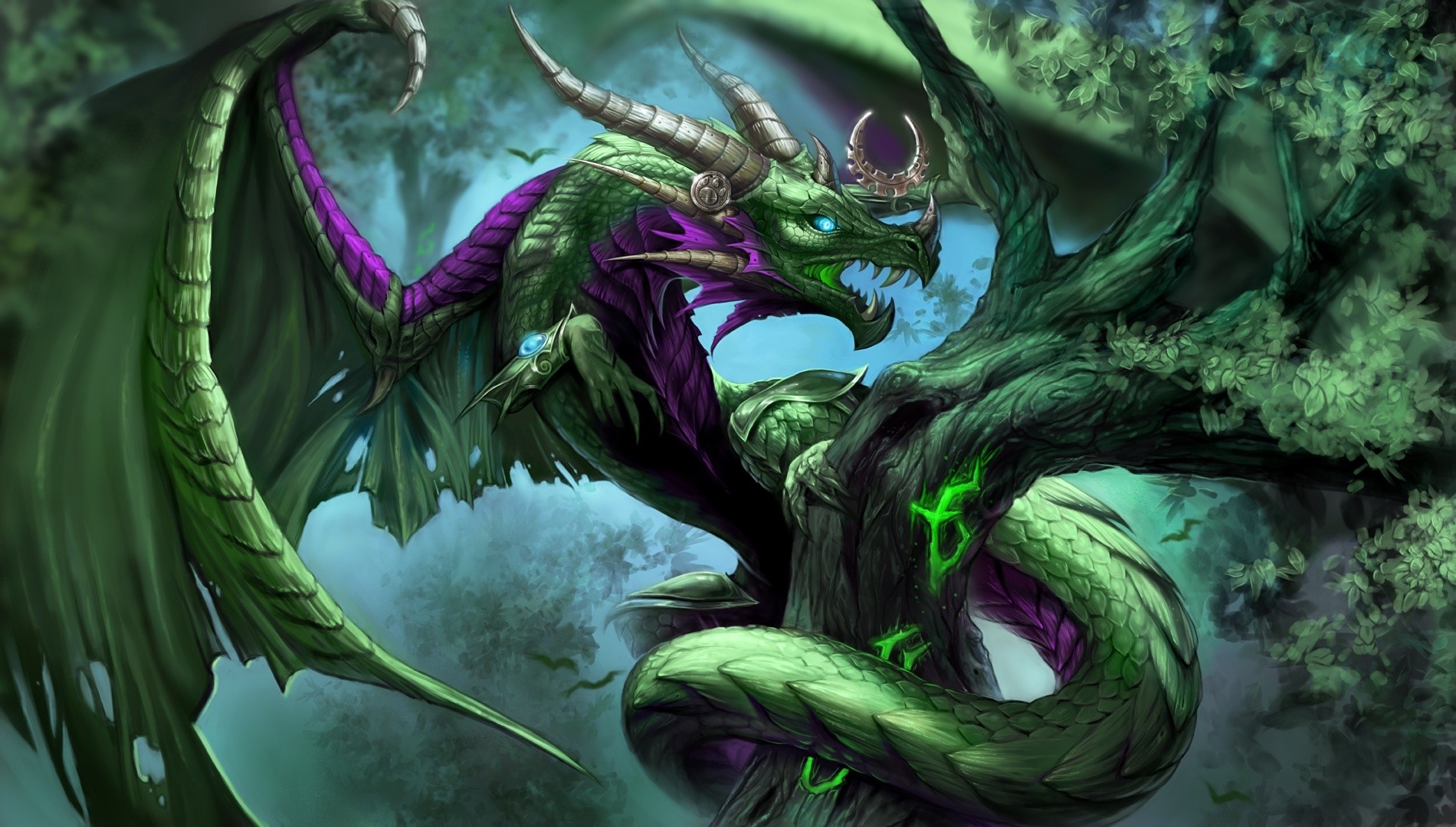 artwork, Fantasy art, Dragon, Trees, Green Wallpaper