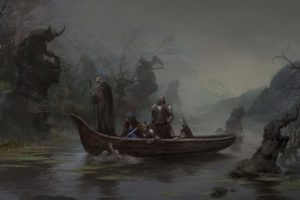 people, Fantasy art, Boat, River