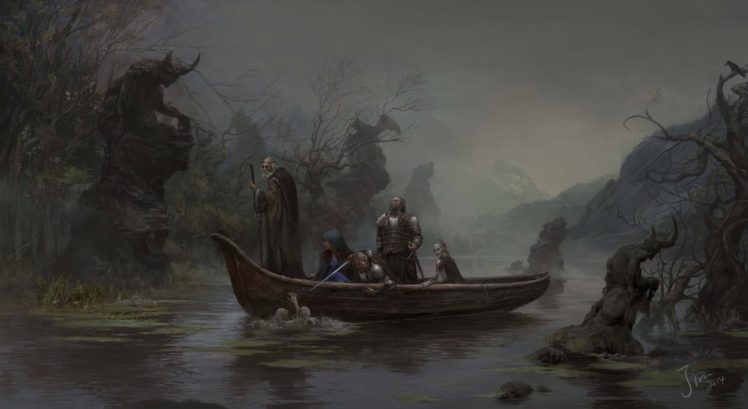 people, Fantasy art, Boat, River HD Wallpaper Desktop Background