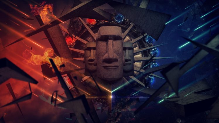 head, Digital art, Fantasy art, CGI, Abstract, 3D, Sculpture, Lights, Fire, Easter Island HD Wallpaper Desktop Background