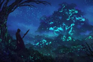 warrior, Fantasy art, Magic, Night, Trees, Blue