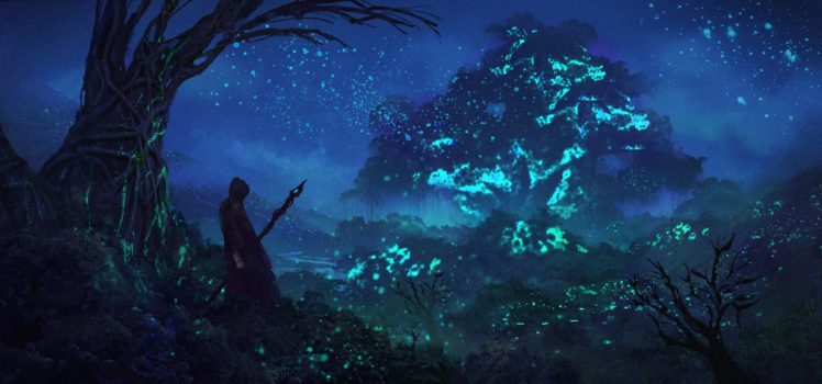 warrior, Fantasy art, Magic, Night, Trees, Blue HD Wallpaper Desktop Background