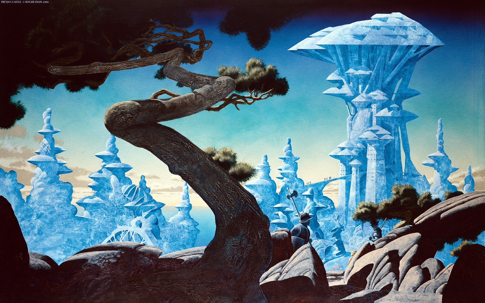 Roger Dean, Knight, Digital art, Fantasy art, Nature, Trees, Branch, Rock, Castle Wallpaper