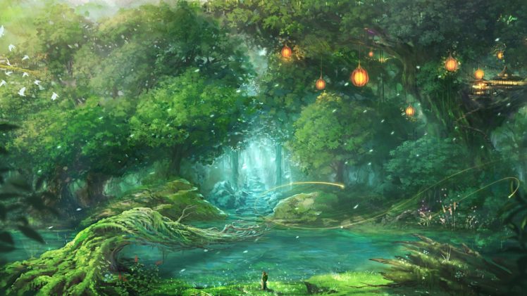 fantasy art, Lantern, Landscape, Artwork, Trees HD Wallpaper Desktop Background