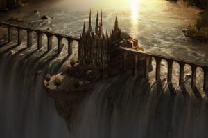 fantasy art, Cathedral, Waterfall