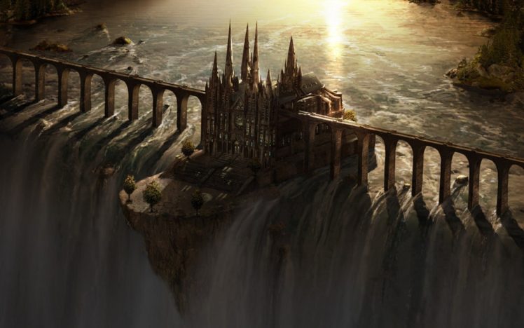 fantasy art, Cathedral, Waterfall HD Wallpaper Desktop Background