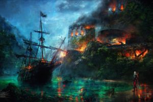 Assassins Creed, Digital art, Boat, Assassins Creed: Black Flag, Ship, Castle, Water, Assassins