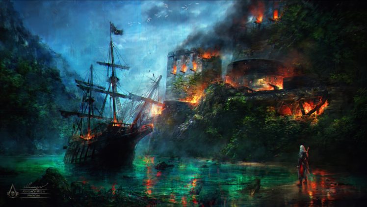 Assassins Creed, Digital art, Boat, Assassins Creed: Black Flag, Ship, Castle, Water, Assassins HD Wallpaper Desktop Background