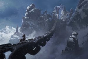 fantasy art, Chains, Sword, Snow, Mountains