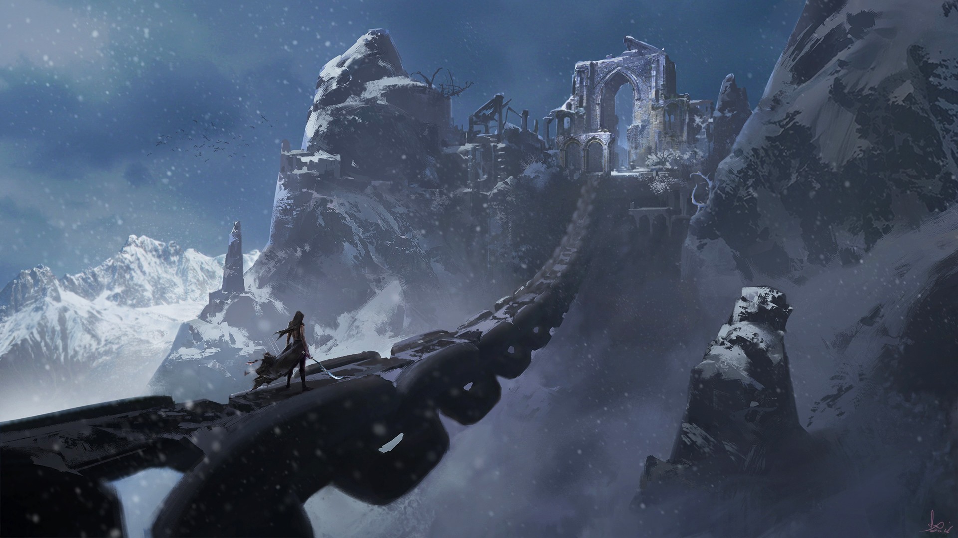 fantasy art, Chains, Sword, Snow, Mountains Wallpaper